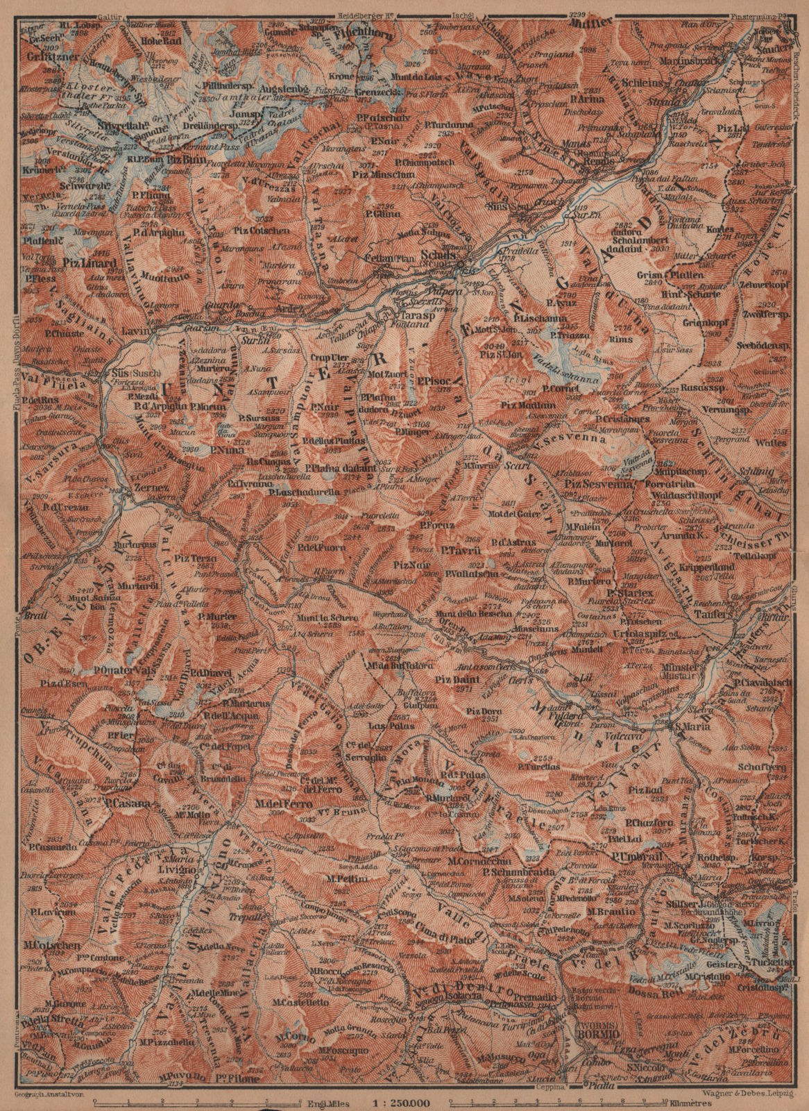 LOWER ENGADINE. Livigno Bormio Ftan Scuol Silvretta Range Piz Buin 1905 map